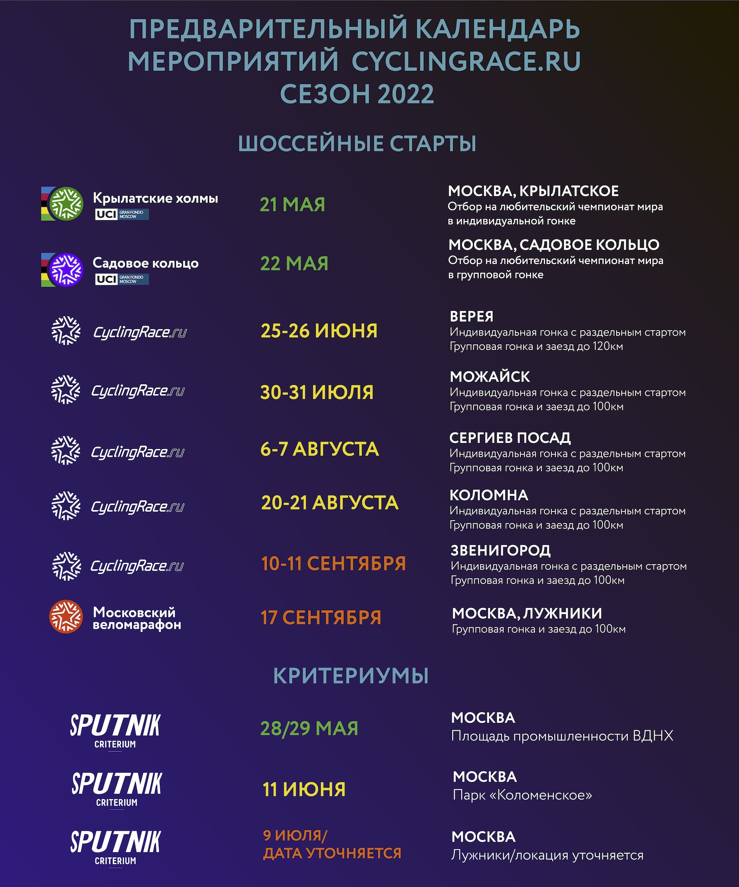 Предварительный календарь сезона 2022
